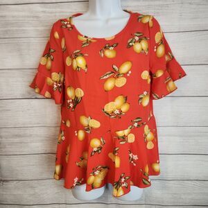 White Birch Small Orange Lemon Print Peplum Top Cottagecore Boho